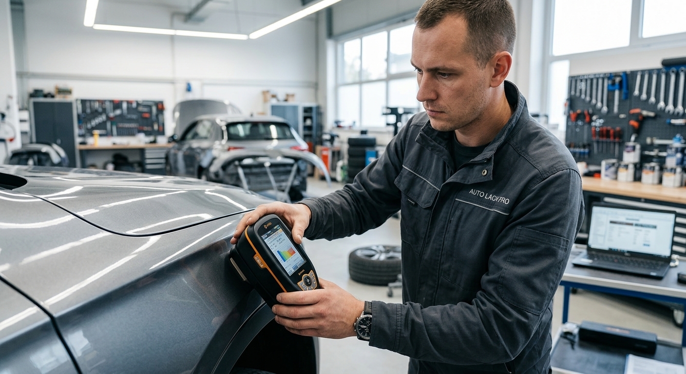 Lackierer prüft Farbton für technische Notwendigkeit der Beilackierung.