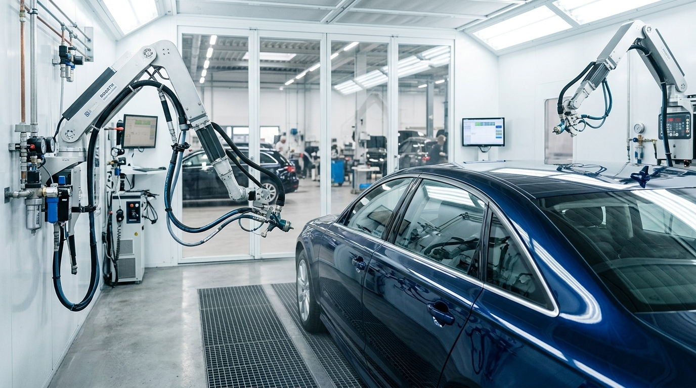 Moderne Autolackiererei für professionelle Beilackierung an Fahrzeug.
