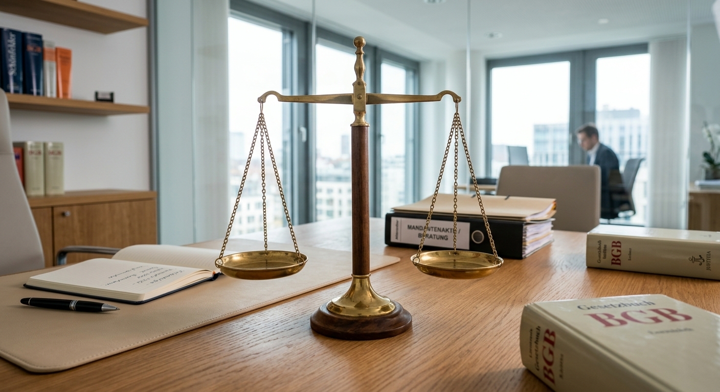 Justizwaage auf Schreibtisch symbolisiert Unfall Schuldfrage Klärung.