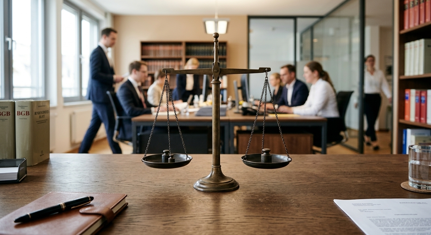 Justizwaage auf Schreibtisch symbolisiert gerechte Unfall Firmenwagen Haftung.
