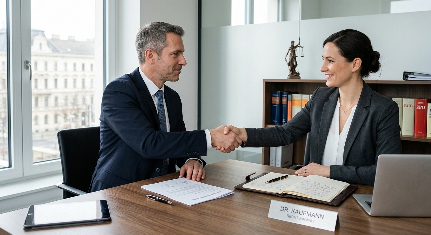 Zwei Personen geben sich die Hand nach Besprechung über Kfz-Gutachten.