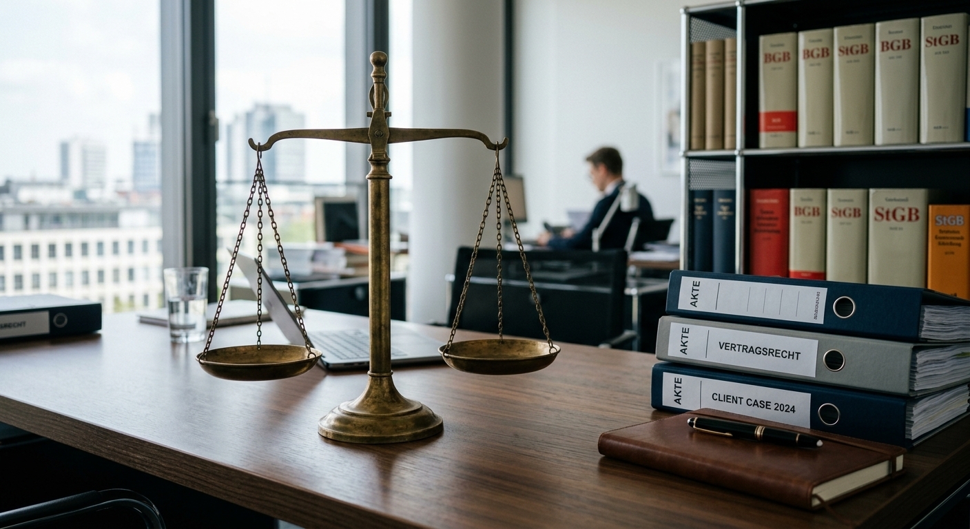 Eine Justizwaage auf einem Schreibtisch mit Aktenordnern im Hintergrund.
