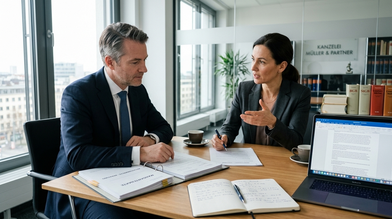 Professionals besprechen Dokumente, während ein Laptop auf dem Schreibtisch liegt.