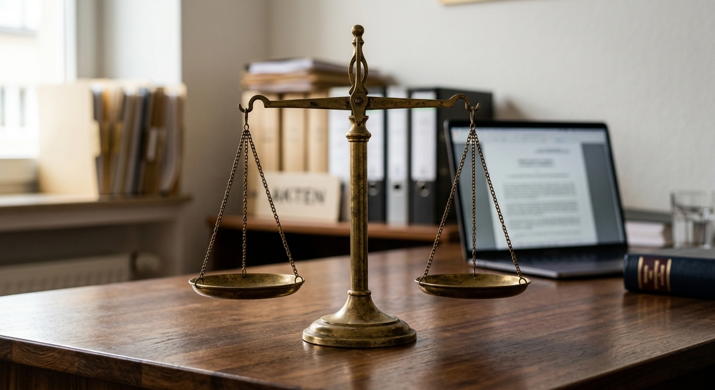 Justizwaage auf Schreibtisch, symbolisiert Kettenunfall-Haftungsabwägung.