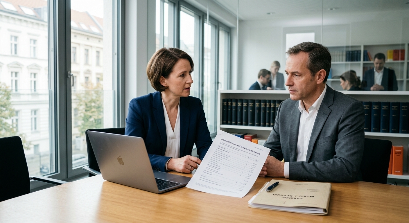Verkehrsrechtsschutz: Anwalt erklärt Kostenübersicht für Mandanten im Büro.