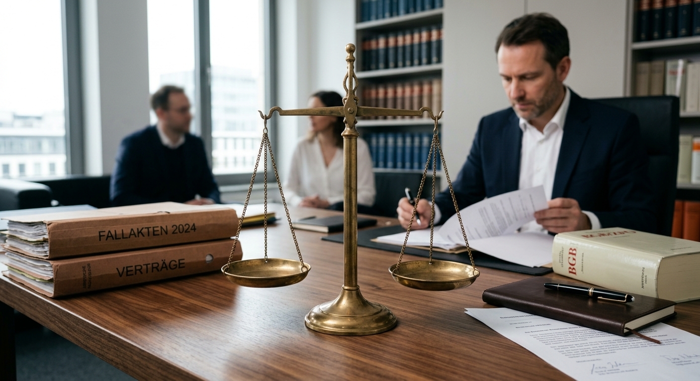 Justizwaage auf Schreibtisch, symbolisiert faire Abfindung nach Unfall.