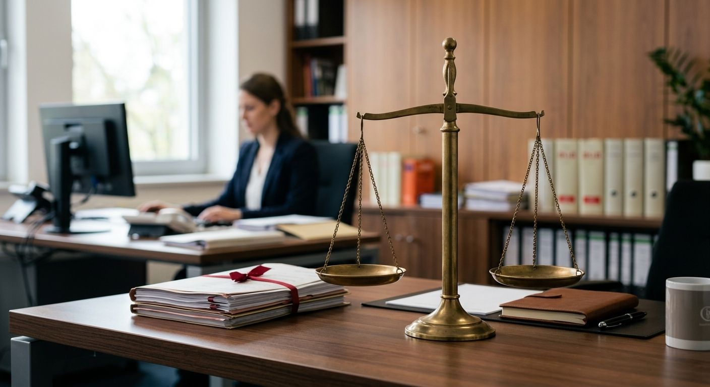 Justizwaage auf Schreibtisch, symbolisiert Unfall mit Personenschaden Gerechtigkeit.