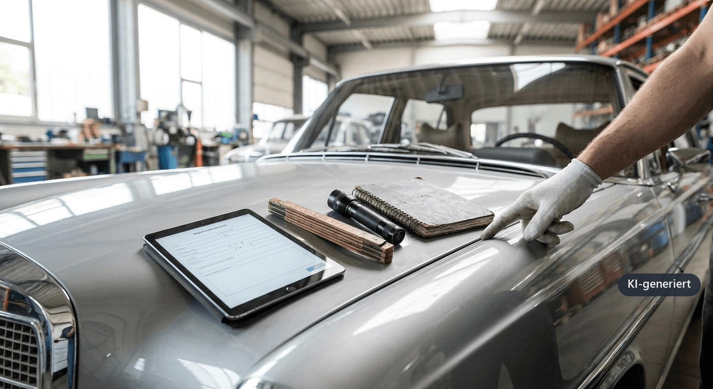 Illustration zum Thema Oldtimer-Gutachten durch einen unabhängigen Sachverständigen nach einem Unfall, Kopfbild des Blogbeitrags im Breitformat 16:9.
