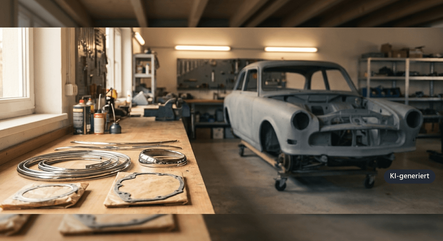 Illustration zum Thema Oldtimer-Reparatur nach einem Unfall: Werkstattwahl, Originalteile und Reparaturdauer, Kopfbild des Blogbeitrags im Breitformat 16:9.
