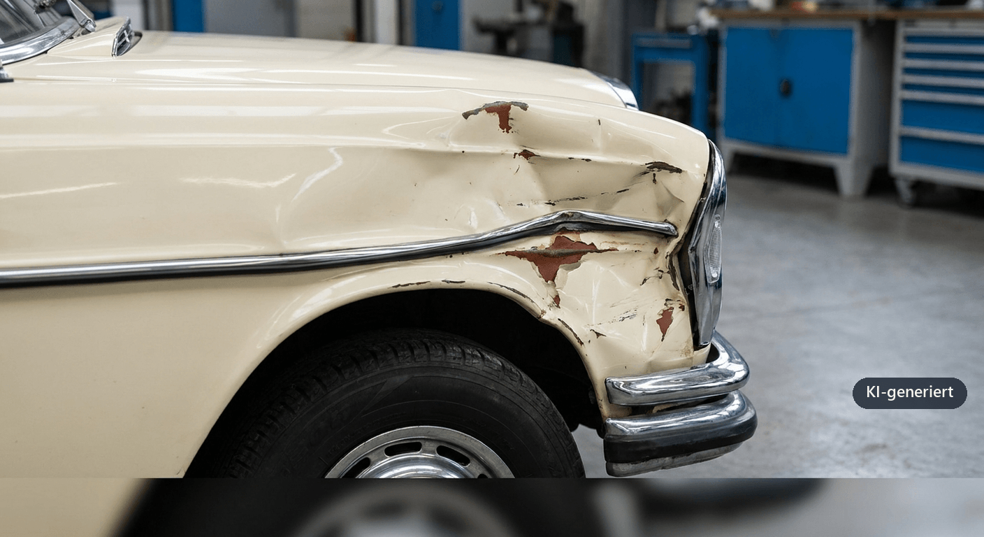 Illustration zum wirtschaftlichen Totalschaden am Oldtimer mit Wiederbeschaffungswert, Zustandsnote und Restwert, Kopfbild des Blogbeitrags im Breitformat 16:9.
