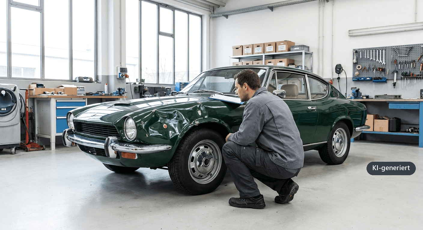 Klassischer Oldtimer mit Frontschaden nach einem Verkehrsunfall